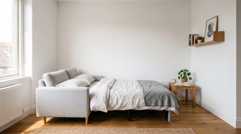 Canapé convertible gris clair ouvert en lit dans une pièce lumineuse au parquet en bois