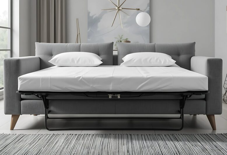 Canapé convertible gris foncé ouvert en lit deux places avec matelas et oreillers blancs