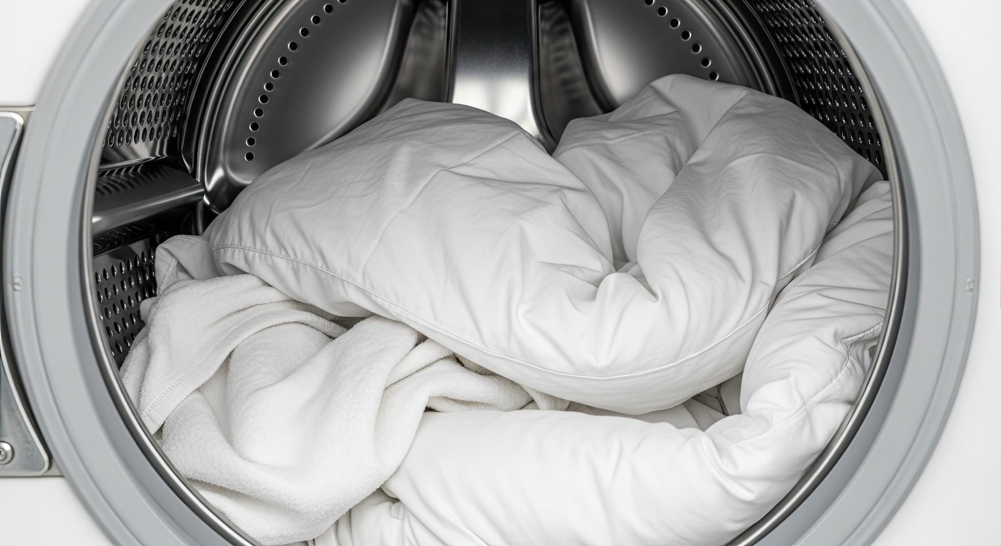Couette blanche volumineuse insérée dans le tambour d'une machine à laver à grande capacité