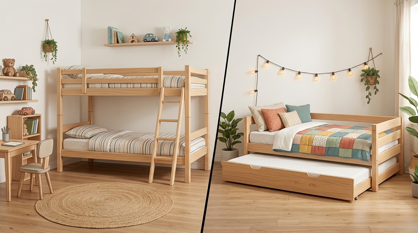 Comparaison visuelle : lit gigogne en bois (droite) vs lit superposé (gauche) pour optimiser une chambre d'enfant