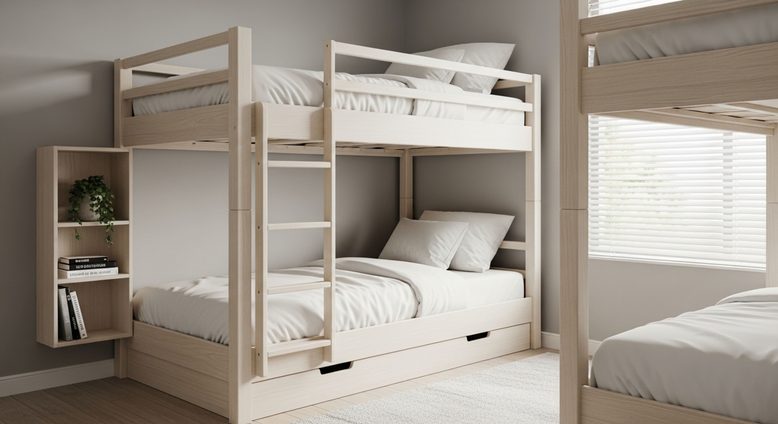 Lit superposé en bois clair avec échelle et tiroirs de rangement intégrés.