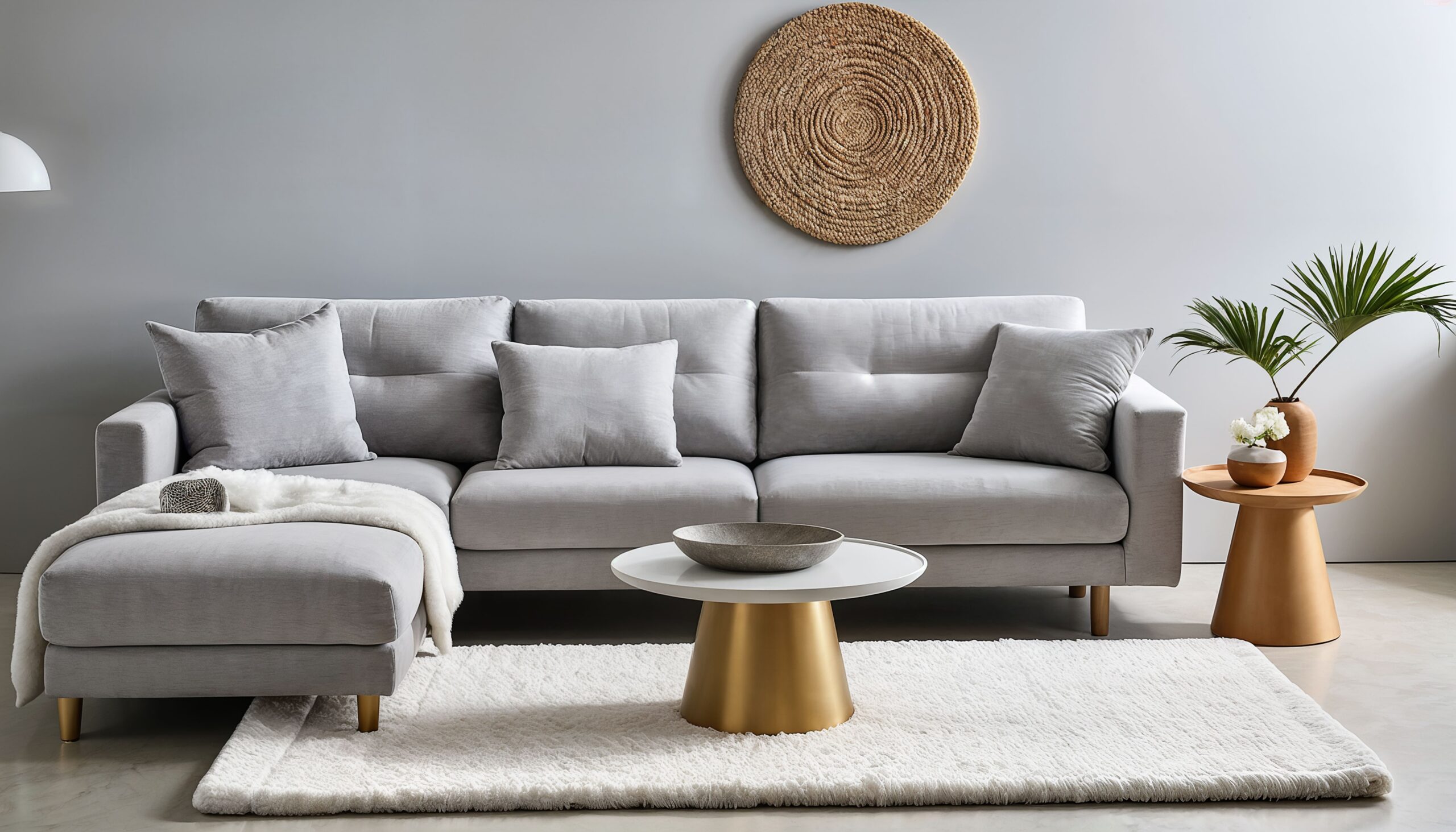 Tapis blanc moelleux glissé sous les pieds d'un canapé d'angle gris dans un salon lumineux.