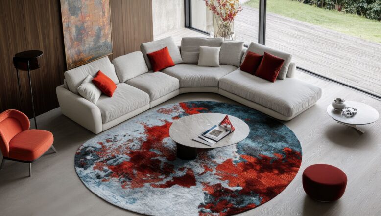 Tapis rond à motifs placé au centre d'un salon avec canapé d'angle.