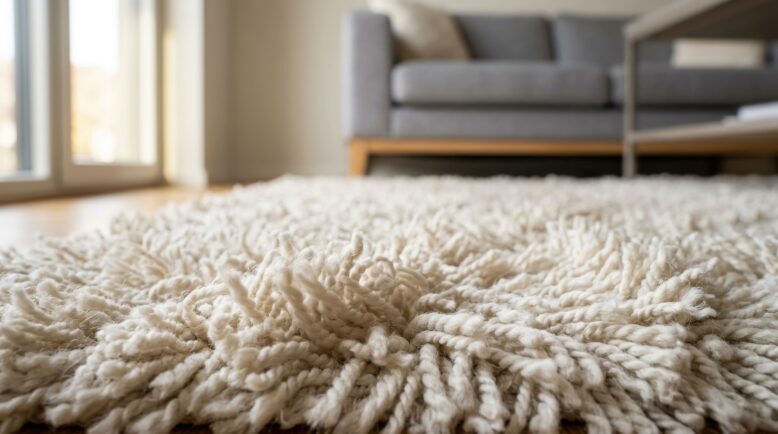 Gros plan sur la texture d'un tapis shaggy en laine claire.